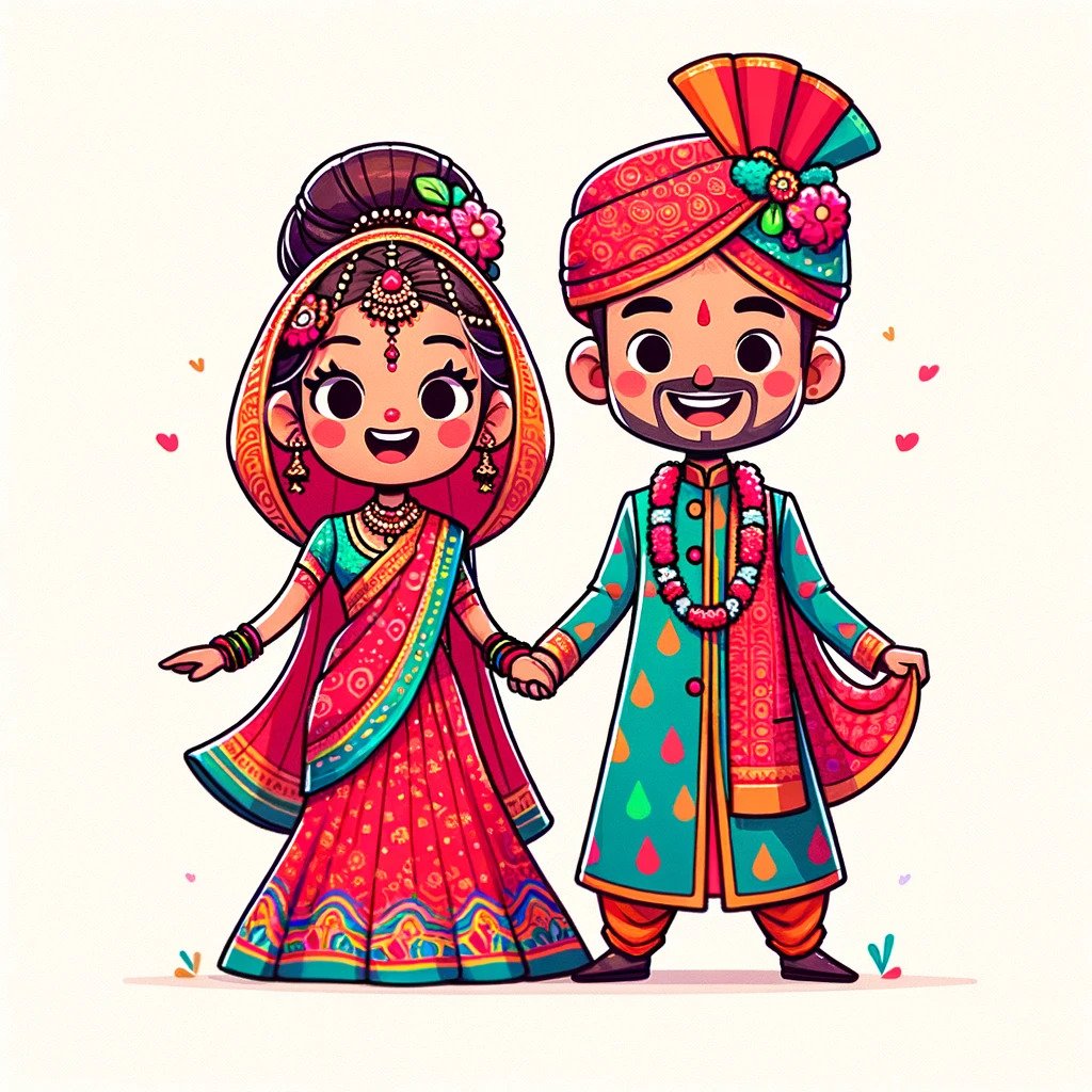cartoonish newly wedded couple in India