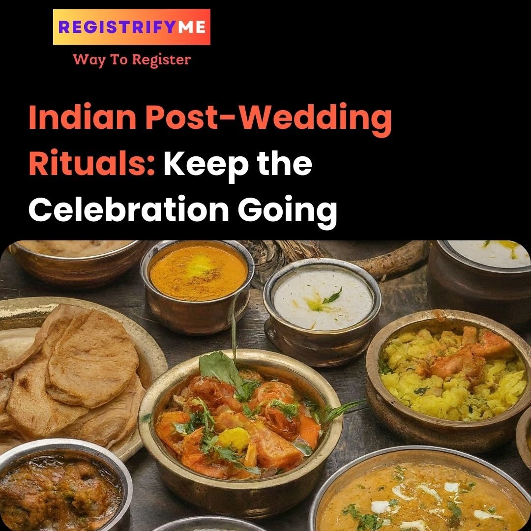 A traditional Indian wedding feast, with a variety of dishes and desserts.