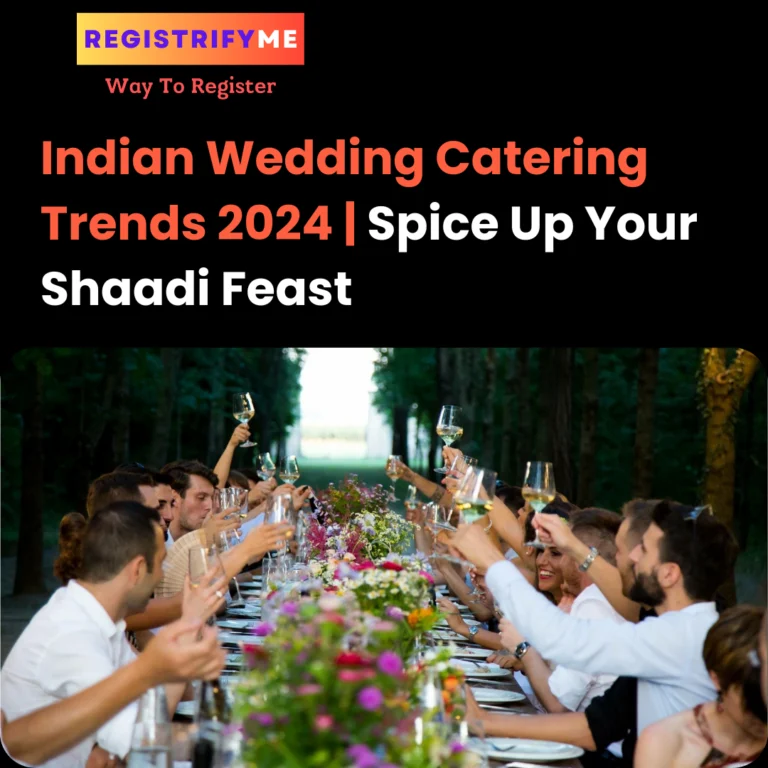 Colorful Indian wedding catering spread with trendy food stations and guests enjoying a lively atmosphere.