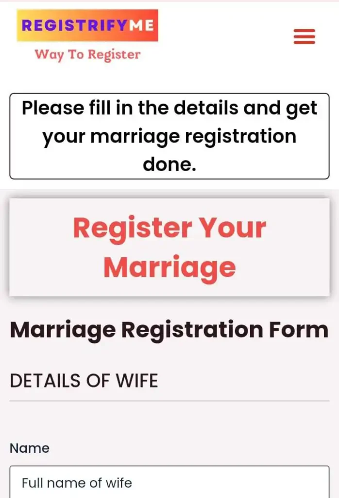 Easy-to-use RegistrifyMe interface for registering your marriage in a few simple steps.