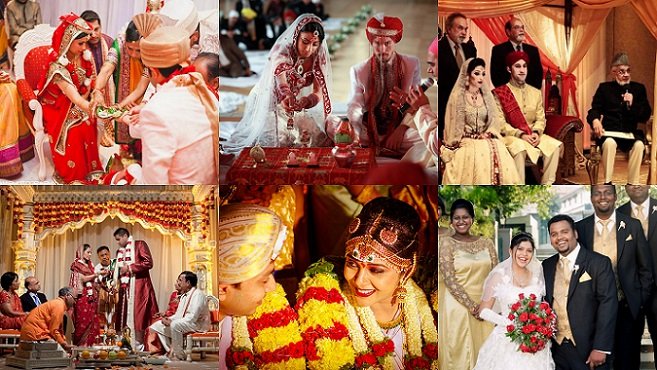 A vibrant collage showcasing the rich traditions and joyous celebrations of a traditional Hindu wedding ceremony. Tying the Knot, Desi Style