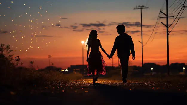 A couple holding hands and walking away from a courthouse