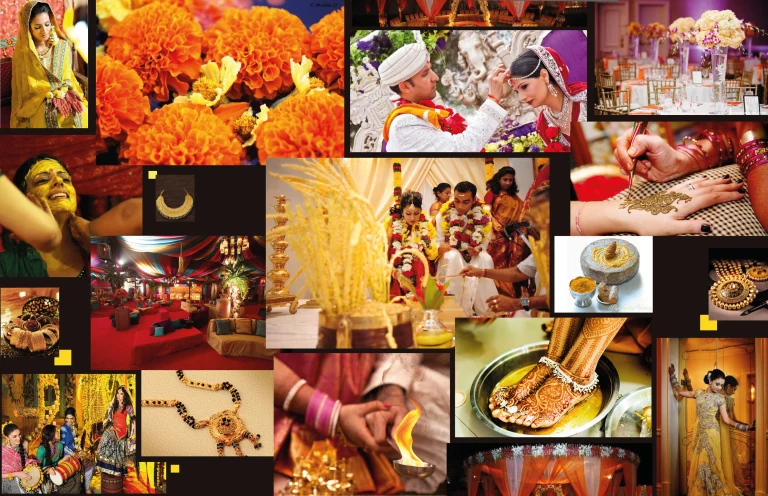 A colorful collage depicting joyful Indian pre-wedding rituals, including haldi, mehndi, and engagement ceremonies.