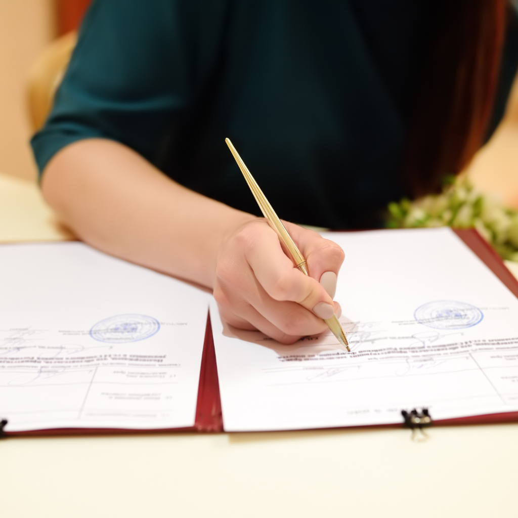 A couple's hands holding pens, signing official marriage registration papers