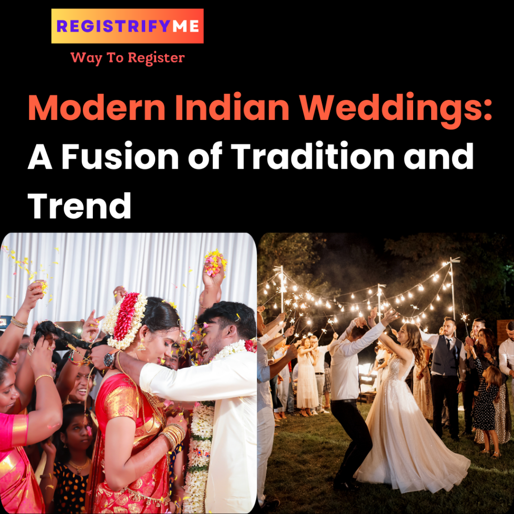 A traditional Indian couple and a modern couple celebrating their wedding, showing the mix of old and new in today's Indian weddings.