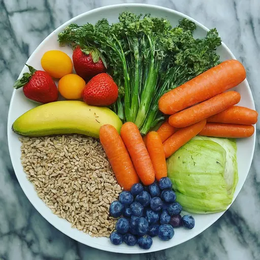 A plate of fruits, vegetables, lean protein, whole grains, and water. This is a healthy and balanced meal that will help you feel your best.